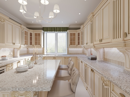 Classical design kitchen with beige and wood elements, 3d renderingの写真素材