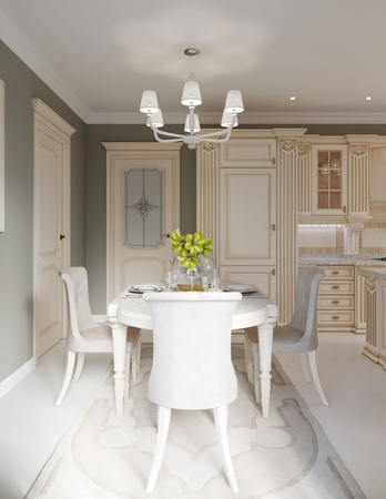 Spacious dining room interior and kitchen, 3d renderingの写真素材