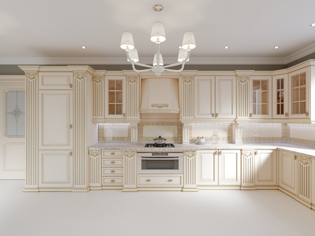 Finished project of classic kitchen with wooden details and marble floor, luxury light  interior design, 3d renderingの写真素材