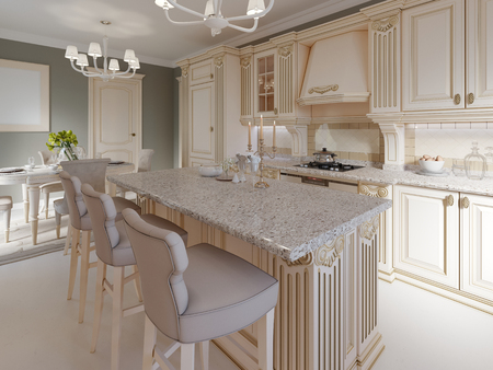 Kitchen island in a luxurious classic style kitchen. 3d renderingの写真素材