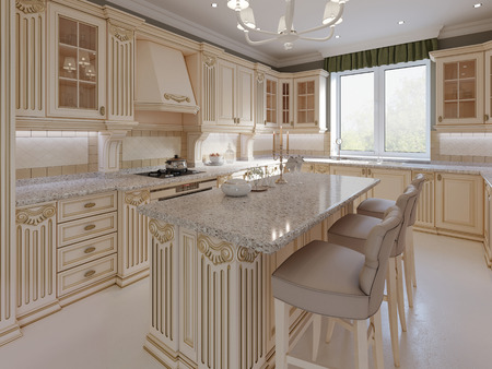 Kitchen island in a luxurious classic style kitchen. 3d renderingの写真素材