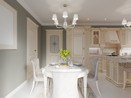 Decoration and furniture in classic dining room, 3d renderingの写真素材