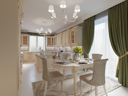 Bright beige luxury dining room with elegant classic furniture and olive wall and curtain, 3d renderingの写真素材
