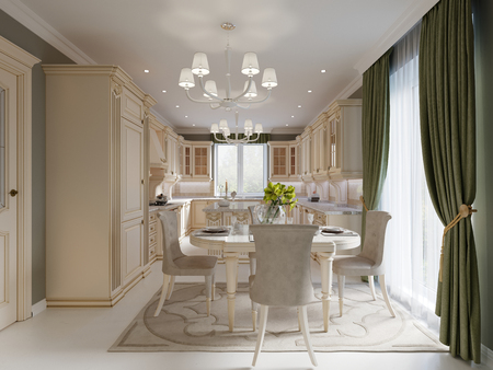Bright beige luxury dining room with elegant classic furniture and olive wall and curtain, 3d renderingの写真素材