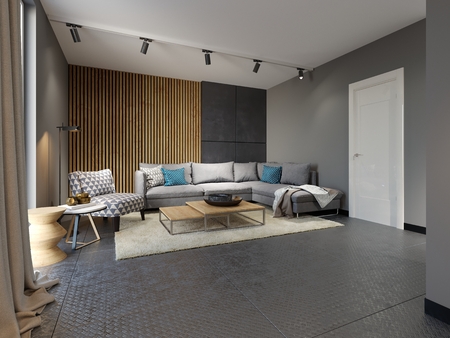 Minimalist contemporary living room with sofas in loft style flat. 3d Renderingの写真素材