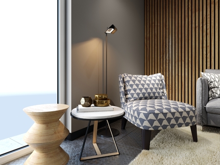 Designer soft armchair in loft style with two creative side tables with decor and floor lamp, patterned fabric. 3d rendering.の写真素材