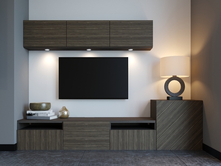 Modern TV stand with TV in loft apartment. 3D Renderingの写真素材