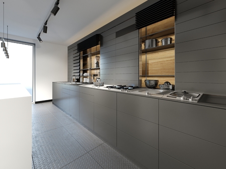 Black furniture kitchen with chairs in loft style cold kitchen. 3d renderingの写真素材