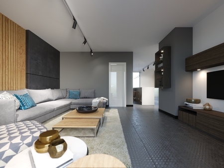 Stylish living room loft style in gray loft interior with wooden panel and modern rug. 3d renderingの写真素材