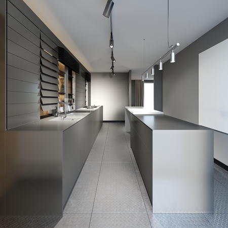 beautiful kitchen with dark furniture of an new loft. 3d rendering.の写真素材