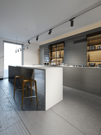 Black furniture kitchen with chairs in loft style cold kitchen. 3d renderingの写真素材
