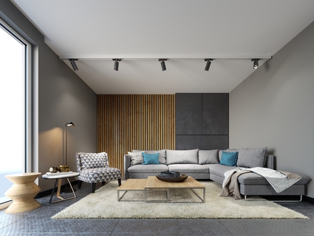 Modern loft interior of living room, grey sofa and colorful pillows on metal flooring and dark concrete wall and wood planks element . 3d renderingの写真素材