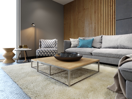 Modern loft interior of living room, grey sofa and colorful pillows on metal flooring and dark...