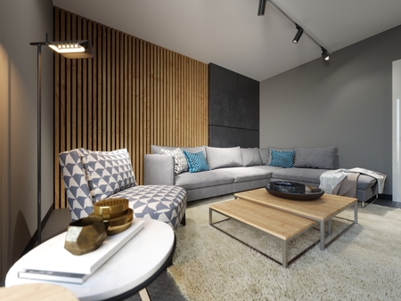 Modern loft interior of living room, grey sofa and colorful pillows on metal flooring and dark concrete wall and wood planks element . 3d renderingの写真素材