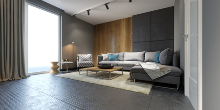 Stylish living room loft style in gray loft interior with wooden panel and modern rug. 3d renderingの写真素材