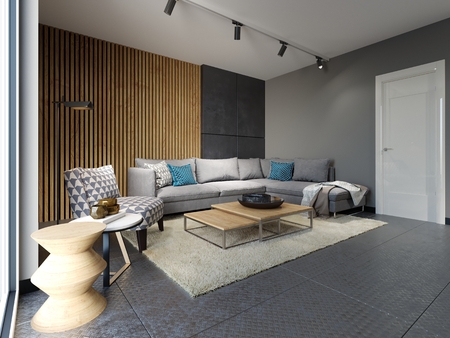 Contemporary living room in a loft style with a metal floor and wooden decorative wall and designer furniture. 3d rendering.の写真素材