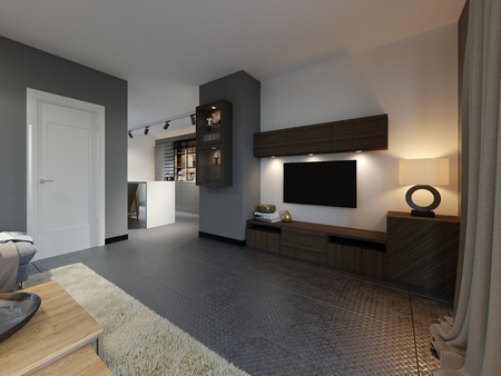 Modern TV stand with TV in loft apartment. 3D Renderingの写真素材