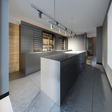 Modern designer kitchen in dark colors in a loft style. 3d renderingの写真素材