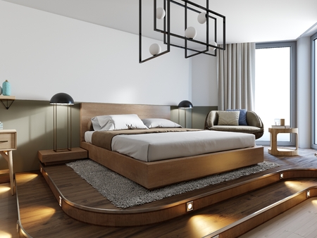 Wooden loft style bedroom with wooden podium for stand bed. Eco design scheme is bright and minimalistic with rotang chair and worktop table. 3D rendering.の写真素材