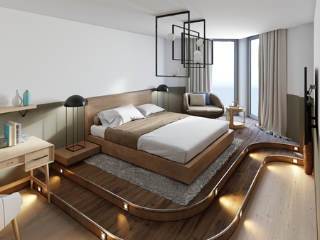 Wooden loft style bedroom with wooden podium for stand bed. Eco design scheme is bright and minimalistic with rotang chair and worktop table. 3D rendering.の写真素材