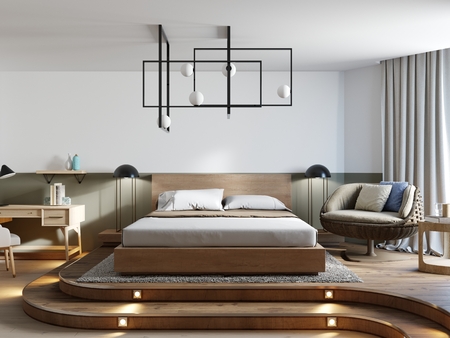 Loft style bedroom Interior design with rattan chair and desk with designer chandelier. 3D rendering.の写真素材