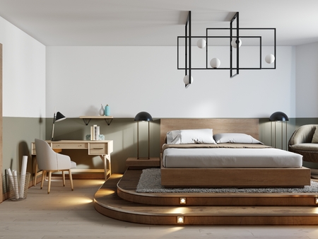 Modern rustic bedroom design and a bed on a wooden podium with dotted lighting in a loft style. Wicker designer chair and desk. 3d rendering.の写真素材