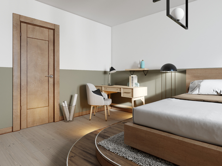 work table in the log home interior bedroom loft style. 3D rendering.の写真素材