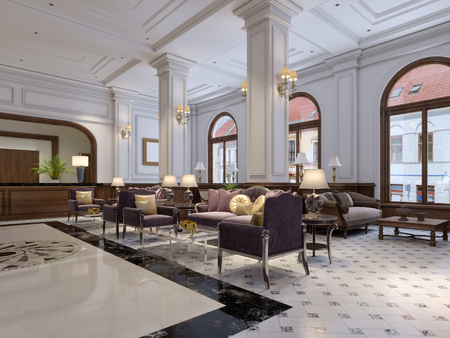Luxury victorian style hotel lobby interior look. 3d renderingの写真素材