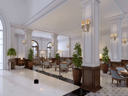 Hotel lobby in classic style with luxurious art deco furniture and mosaic tile hall. 3d renderingの写真素材
