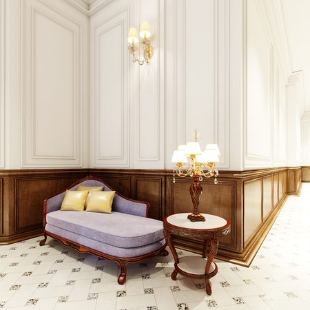 Luxurious banquette with wooden carved table and large classic
table lamp. 3d rendering.の写真素材