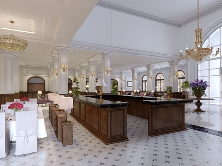 Beautiful wooden reception in the center of the spacious lobby in the classical style. 3d renderingの写真素材