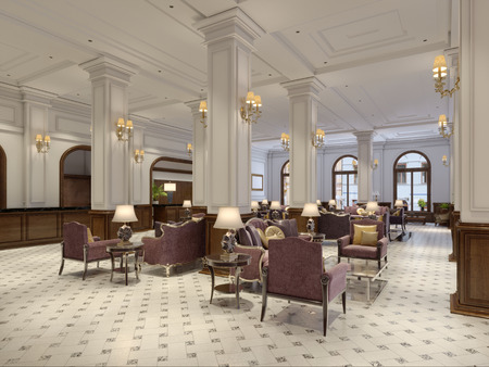 Classic waiting hall with tables and couches. 3d renderingの写真素材