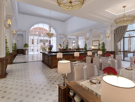 Classic Interior of a hotel restaurant. 3d renderingの写真素材