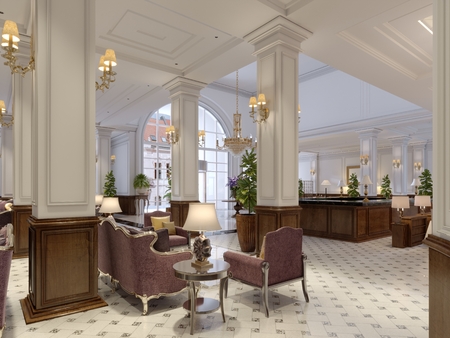 Classic styled hotel lobby interior. 3d renderingの写真素材