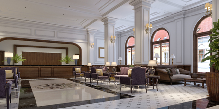 Lounge and hallway area with wooden reception desk. 3d renderingの写真素材