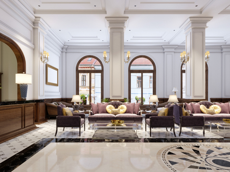 Luxurious classical furniture in art deco style, soft purple sofa and armchairs with black metal legs and a glass coffee table in a classic interior. 3d rendering.の写真素材