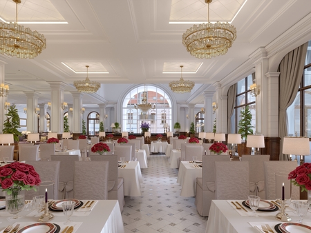 Beautiful interior of the restaurant in a modern hotel with white cloth tables and soft chairs, serving tables with live roses. 3d renderingの写真素材