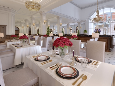Beautiful interior of the restaurant in a modern hotel with white cloth tables and soft chairs, serving tables with live roses. 3d renderingの写真素材