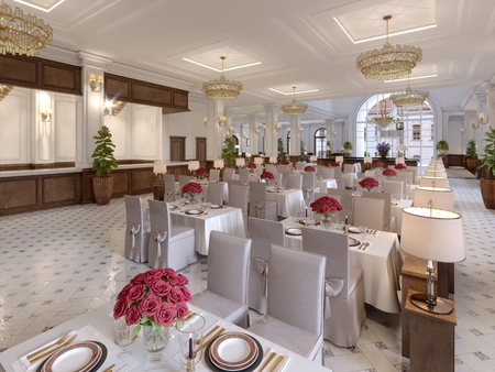 Beautiful interior of the restaurant in a modern hotel with white cloth tables and soft chairs, serving tables with live roses. 3d renderingの写真素材