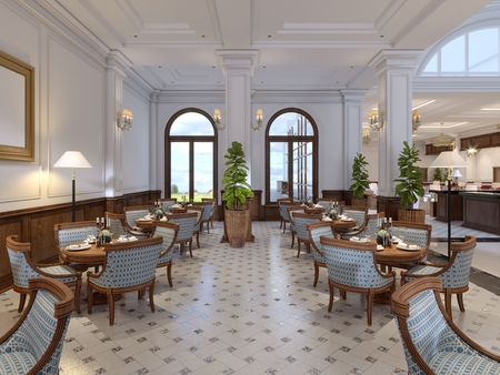 Luxurious bar with tables and chairs in the classic interior of a five star hotel. 3d rendering.の写真素材