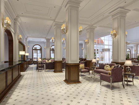 Luxury victorian style hotel lobby interior look. 3d renderingの写真素材