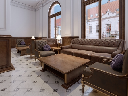 Leather quilted sofa with soft fabric armchair and wooden magazine table in a classic hotel interior in a contemporary style. 3d rendering.の写真素材