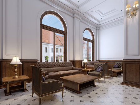 Leather quilted sofa with soft fabric armchair and wooden magazine table in a classic hotel interior in a contemporary style. 3d rendering.の写真素材