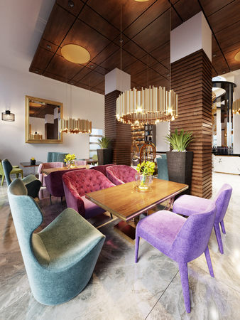 Beautiful interior of modern restaurant with exquisite soft furniture. 3d renderingの写真素材