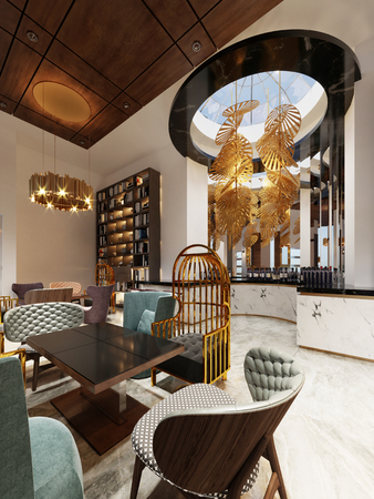 Modern bar restaurant in a trendy design with a library and a closet with books. 3d rendering.の写真素材