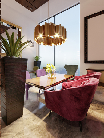 Beautiful interior of modern restaurant with exquisite soft furniture. 3d renderingの写真素材