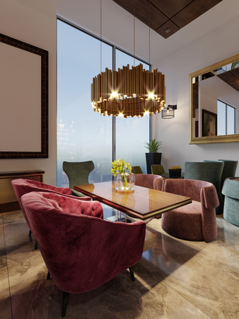 Beautiful interior of modern restaurant with exquisite soft furniture. 3d renderingの写真素材