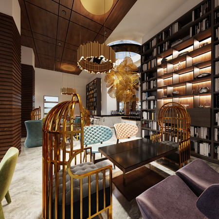 Fashionable in modern style library-bar in art deco style with elegant furniture and bookcases. 3d rendering.の写真素材