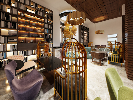 Fashionable in modern style library-bar in art deco style with elegant furniture and bookcases. 3d rendering.の写真素材