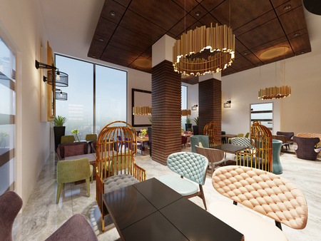 Luxurious cafe in modern style with colorful furniture and designer gold chandeliers. Wooden panels on columns and ceiling. 3d renderingの写真素材